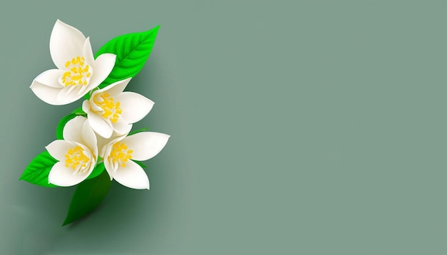 A green background with flowers and leaves.