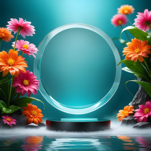 green background with flowers and a round glass showcase