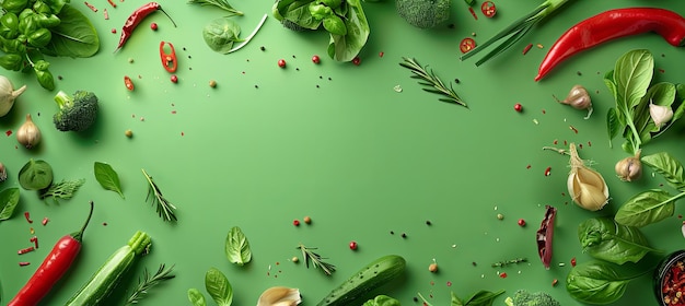 Photo green background with fresh delicious vietnam vegetable scattered across the top in a minimalistic style banner