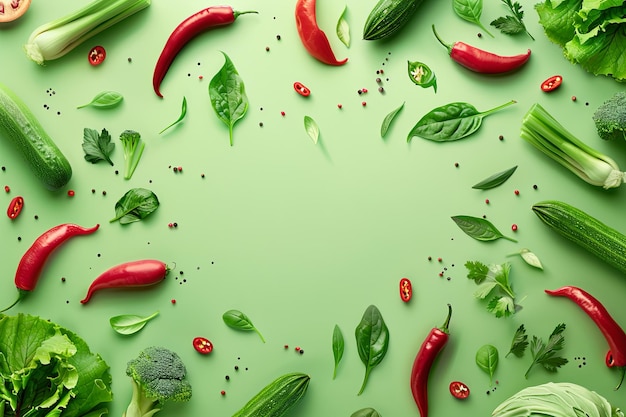 green background with fresh delicious Vietnam vegetable scattered across the top in a minimalistic style banner