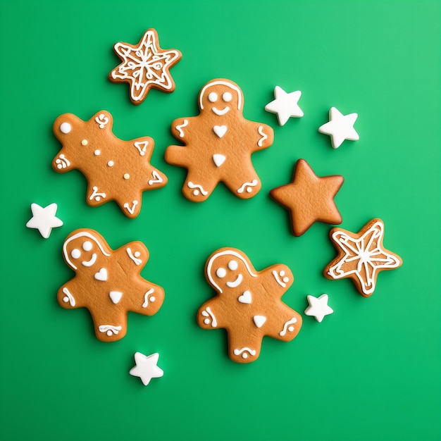 Photo a green background with gingerbread cookies and a gingerbread man on the left