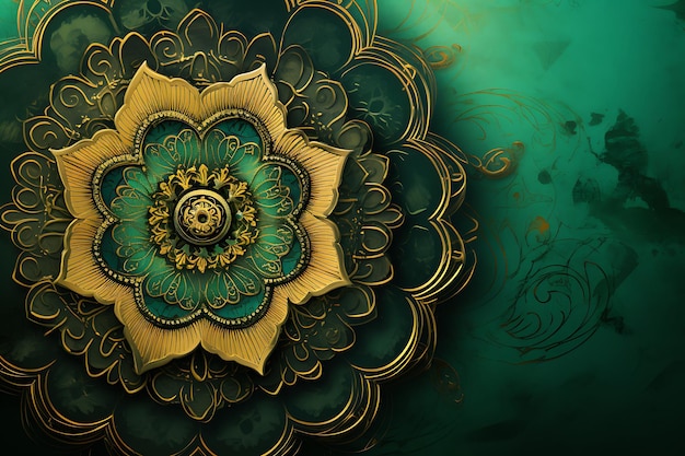 A green background with a gold mandala design