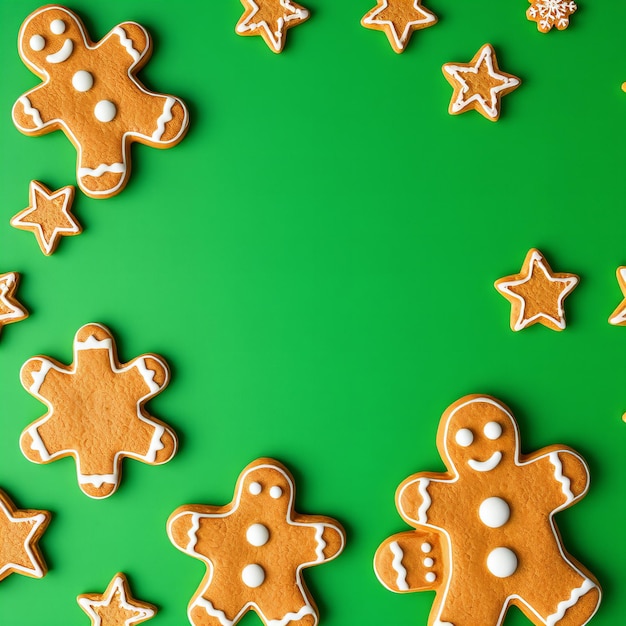 Photo a green background with a green background with a gingerbread man made out of gingerbread cookies