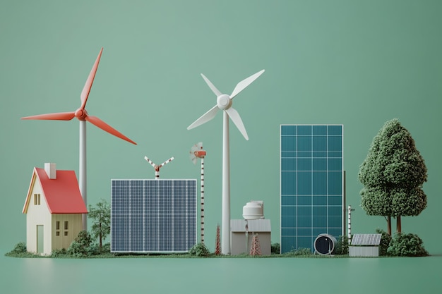 Photo a green background with a house a windmill a tree and a solar panel