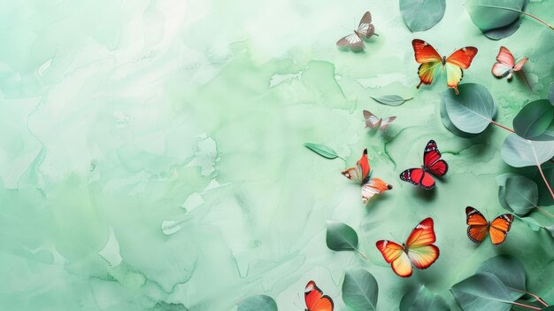 Photo a green background with a large number of colorful butterflies