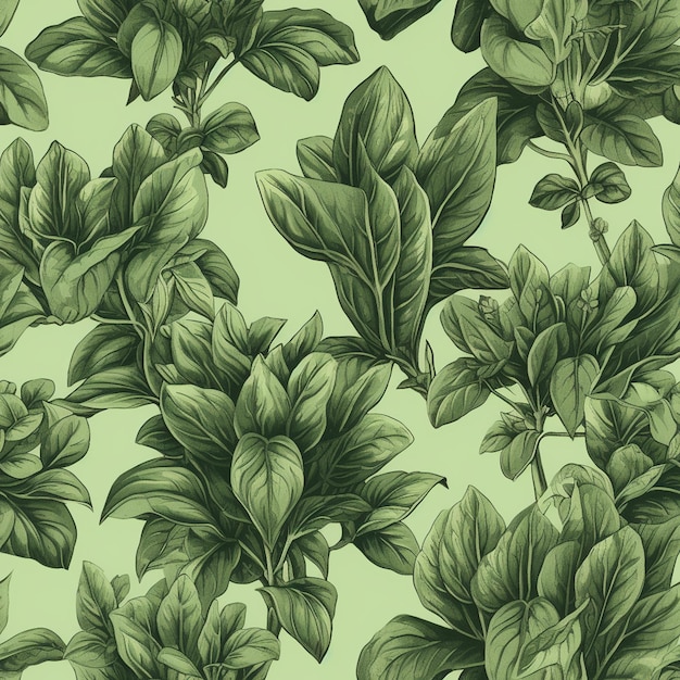 A green background with a pattern of leaves and flowers.