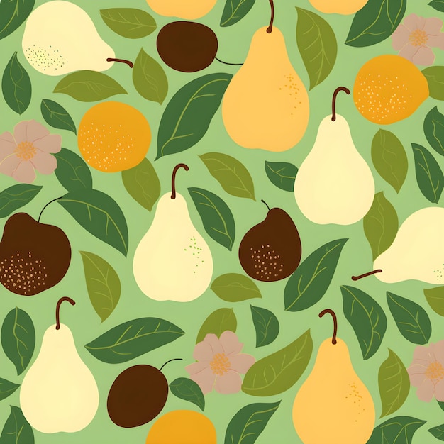 A green background with pears, pears, and leaves on it.