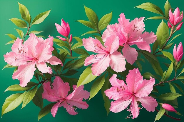 Green Background with Pink Azaleas and Elm Leaves