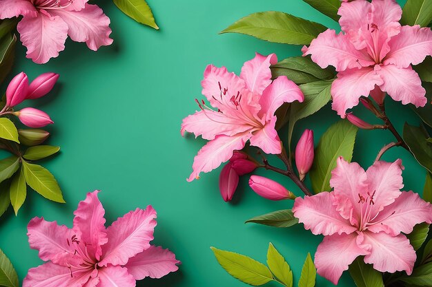 Photo green background with pink azaleas and elm leaves