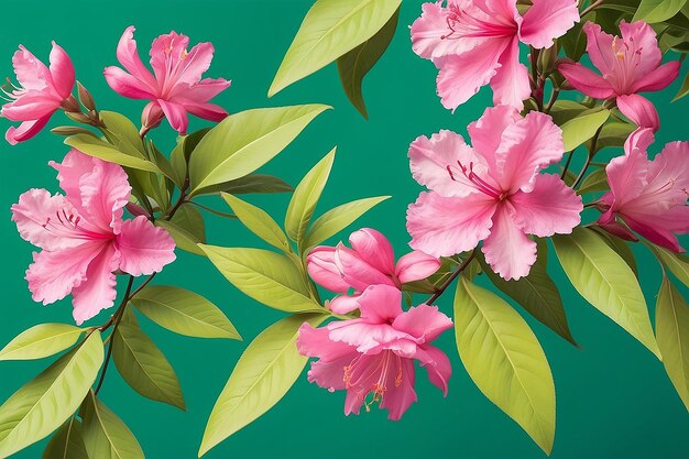 Photo green background with pink azaleas and elm leaves