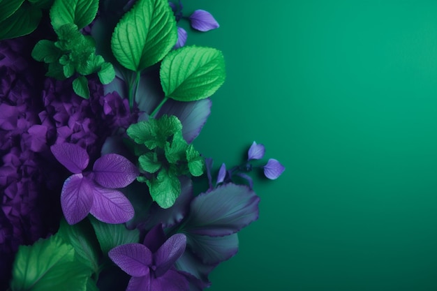 A green background with purple flowers and green leaves.