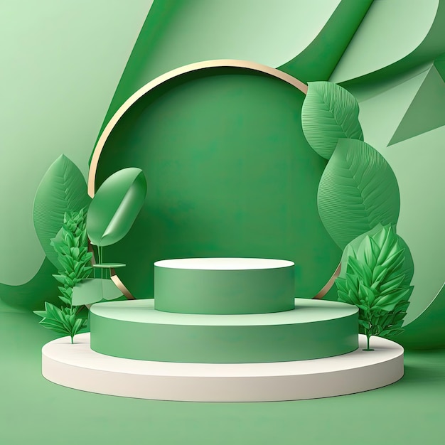 Green background with round black podium for product display Abstract 3d scene with geometric forms palm branches and falling leaves Ai generated