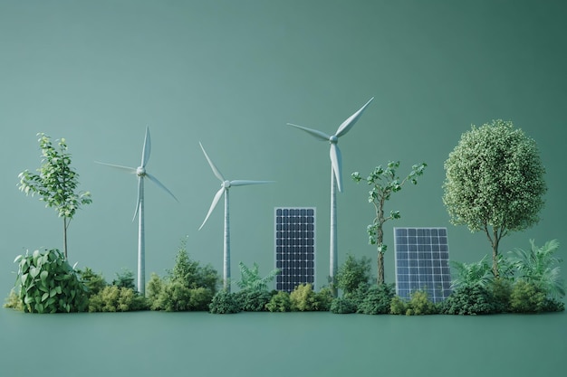 Photo a green background with a row of wind turbines and a tree