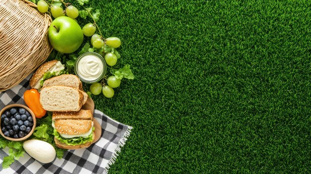 Photo a green background with a sandwich and grapes on it