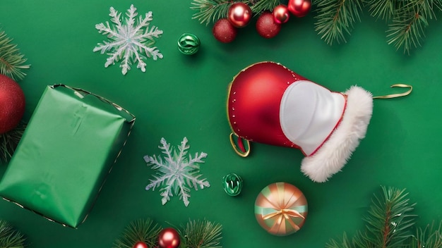 a green background with a santa hat and a santa hat