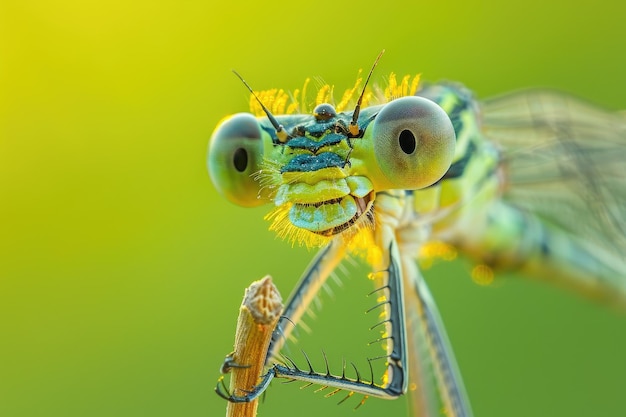 Green background with text space macro dragonfly portrait in right corner holding to twig