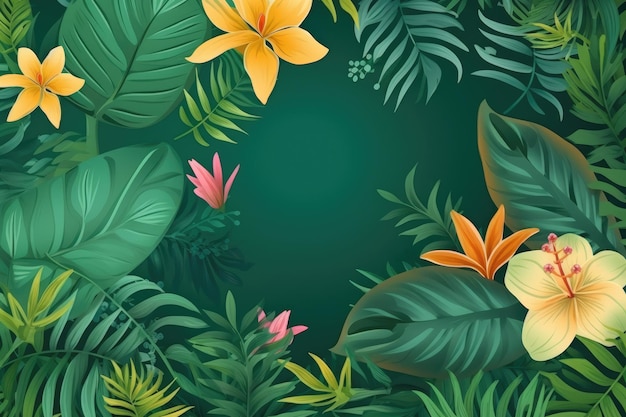 Green background with a tropical leaves and flowers generative ai