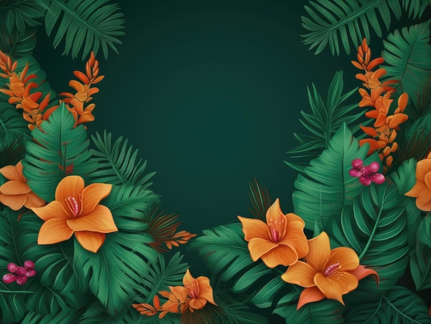 Green background with a tropical leaves and flowers generative ai