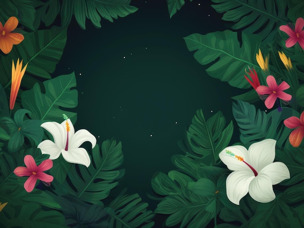 Green background with a tropical leaves and flowers generative ai