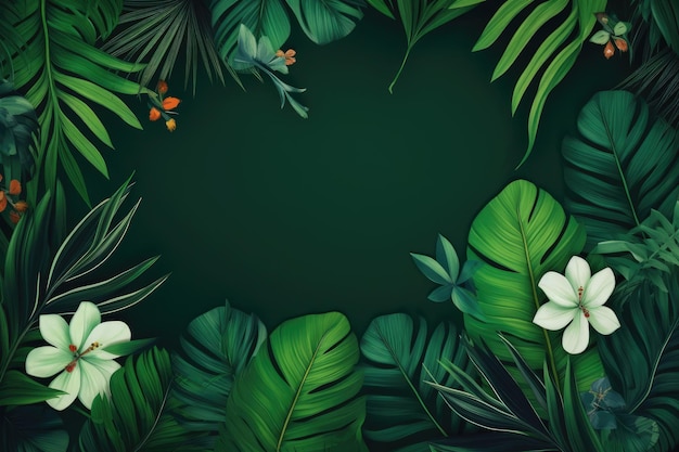 Green background with a tropical leaves and flowers generative ai