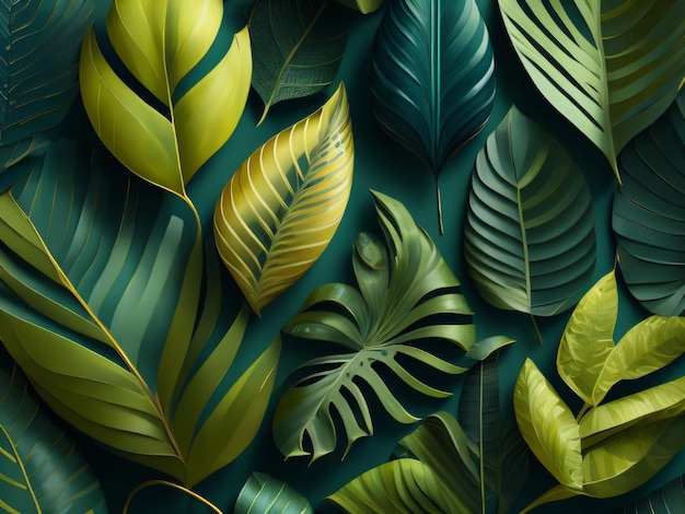 A green background with tropical leaves and a green background.