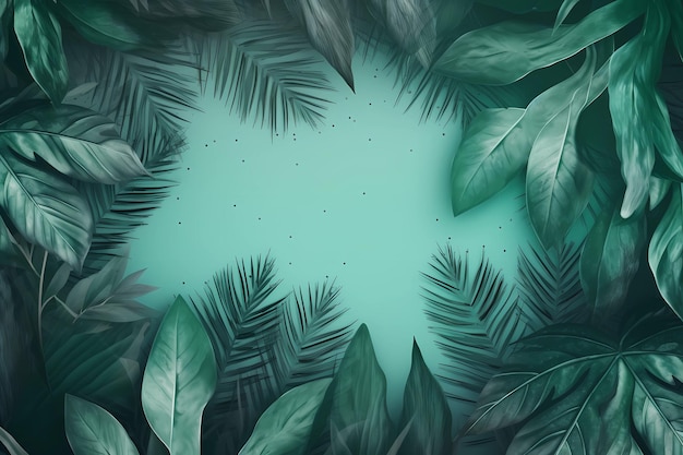 A green background with tropical leaves and a place for text AI generation