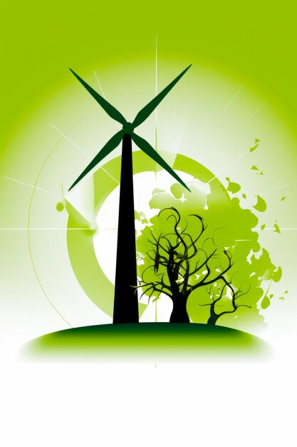 Green background with wind turbine and tree in the foreground Generative AI