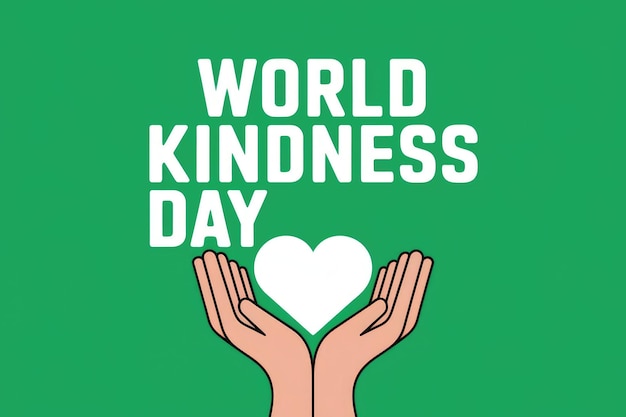 A green background with the words World Kindness Day and two hands cupping a white heart