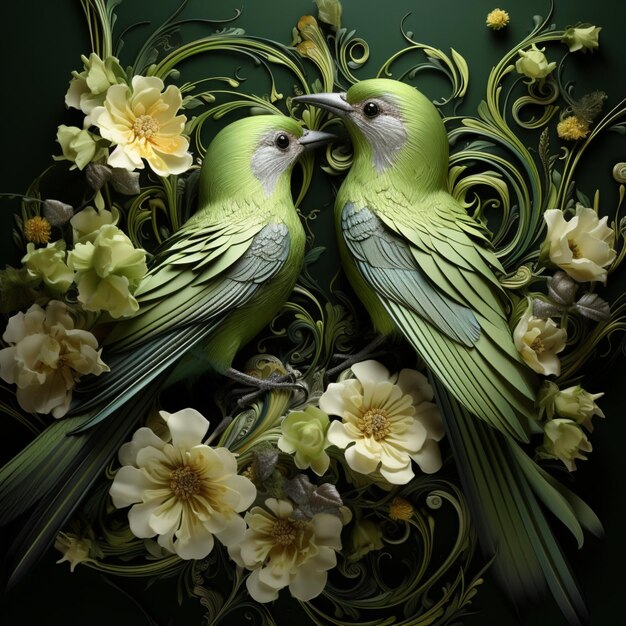 Green Background Wonderful Green birds on flower Generative AI