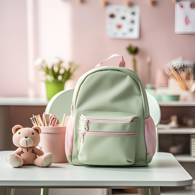 a green backpack sits on a table next to a pink wall.