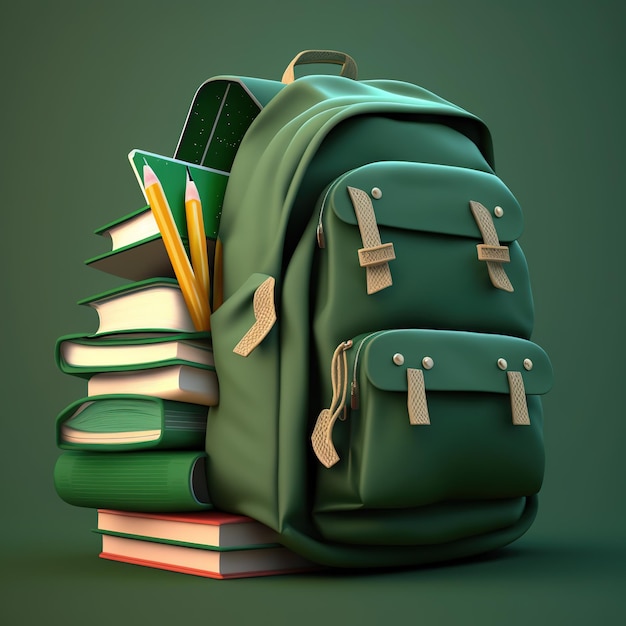 A green backpack with a book on it is surrounded by books.