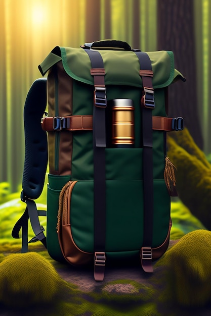 A green backpack with a camera on the top of it