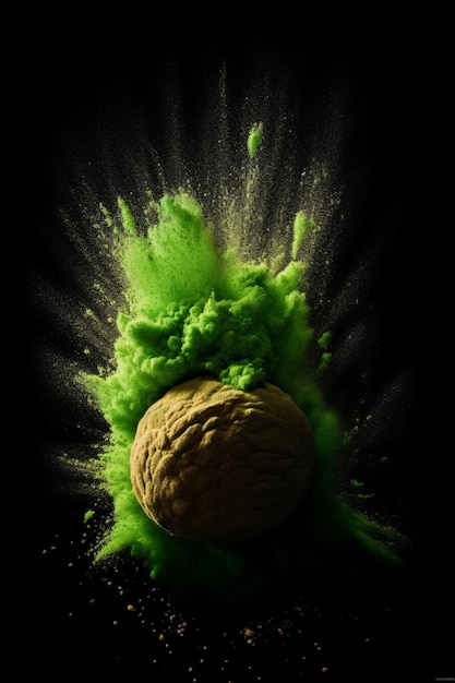 A green ball of green powder is being thrown into the air.