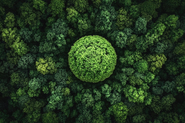 Photo a green ball of trees is surrounded by a dense forest