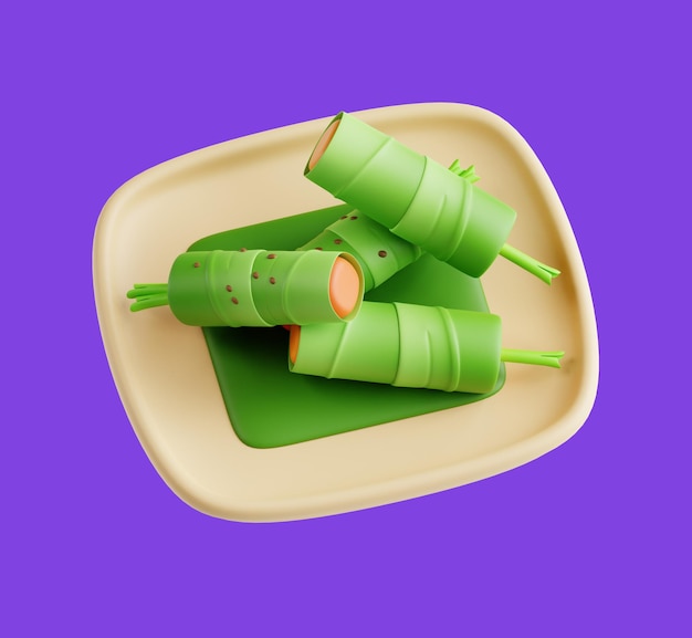 Green bamboo sticks are on a plate with a purple background.