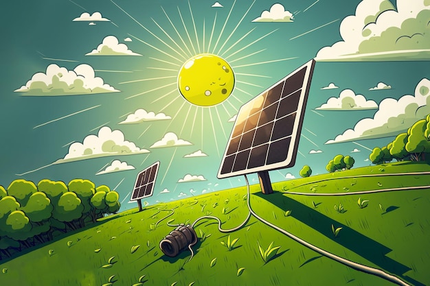 Green banner design solar panel power plant against a green field the concept of saving the planet a