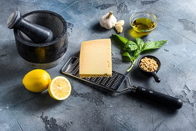 Green basil pesto ingredients.