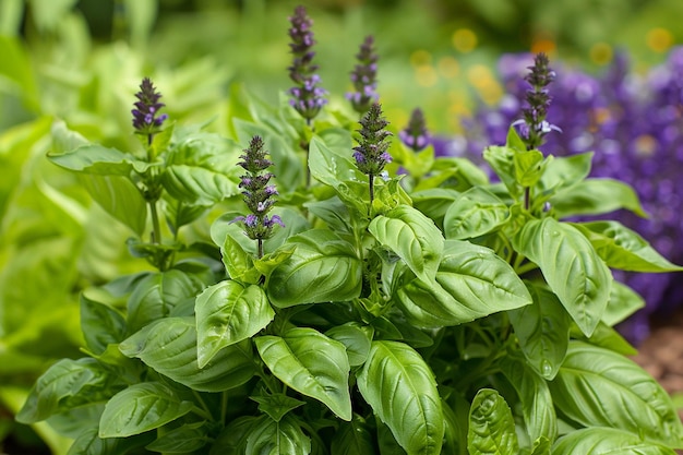 Photo green basil plants with flowers