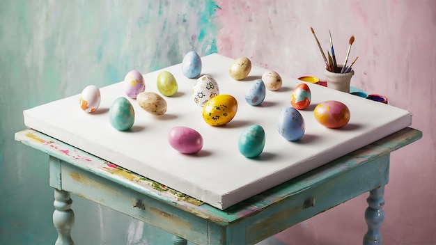 a green basket with easter eggs in it and a blue background