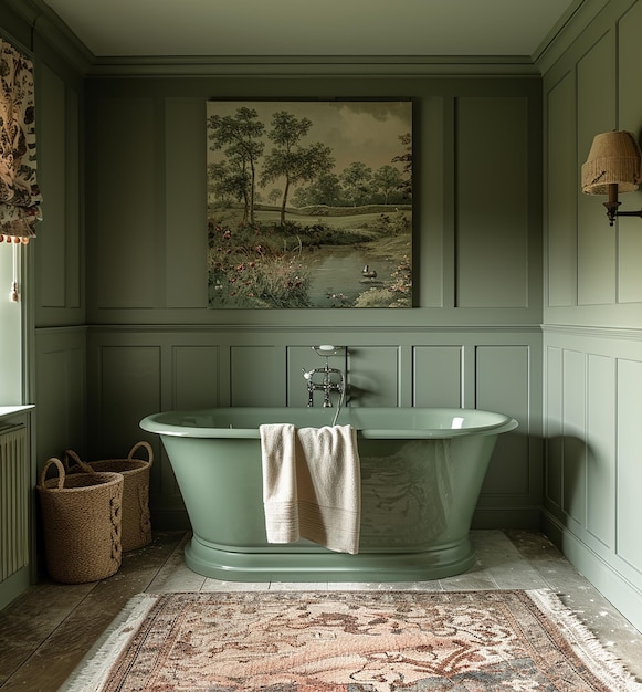 a green bath tub with a picture of a tree and a painting on the wall