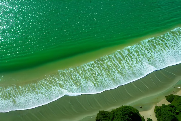 A green beach with waves and the ocean in the background