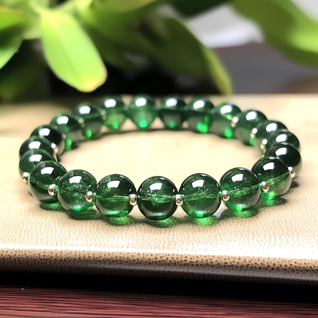 A green beaded bracelet on a tan surface