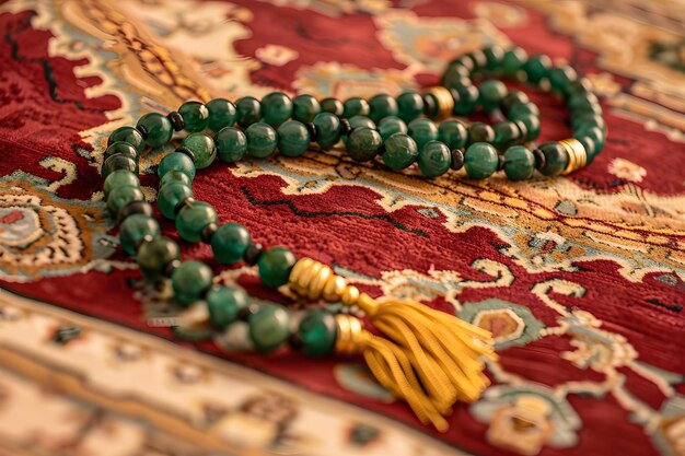 Photo a green beaded necklace is on a rug with a red carpet