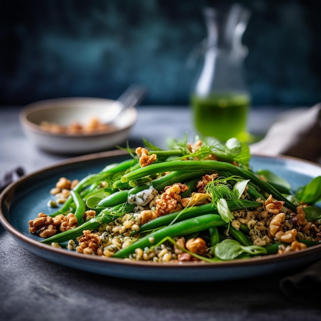 green bean salad with granola in the style of grit and grain light indigo and emerald cenital