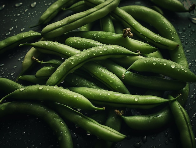 Green beans are in a bowl with water droplets on them.