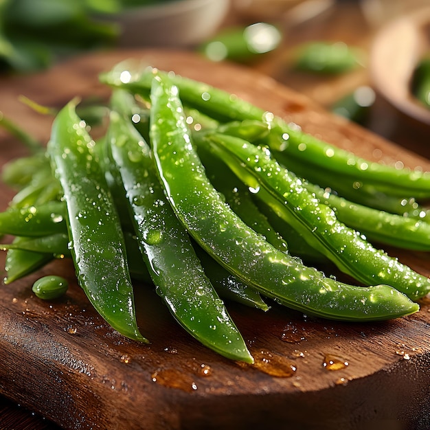 green beans are on a cutting board with water drops