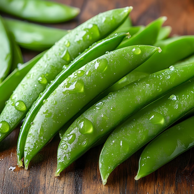 green beans are laid out on a table with water drops