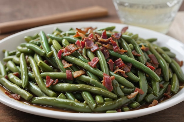 Green beans with bacon on a plate