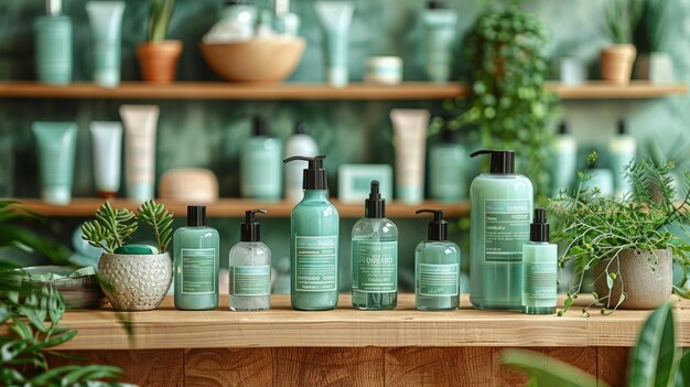 Photo green beauty products on a wooden shelf with greenery including bottles jars and tubes