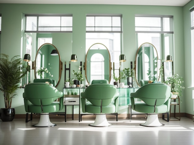 Green Beauty Salon with Rows of Armchairs and Minimalist Design